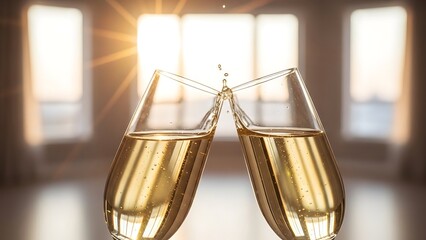 Celebration toast with two champagne flutes against blurred bright window background at sunset
