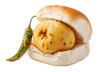 soft bread bun stuffed with crispy spiced fritter and green chili