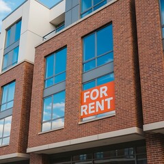 For rent sign on a modern brick apartment building facade with blue sky reflections