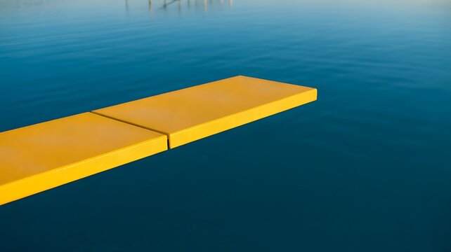 Bright Yellow Diving Board Extending Over Calm Blue Water - Perfect Summer Escape