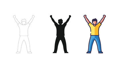 Fototapeta premium Collection of three different style icons depicting a man celebrating victory or expressing excitement with both arms raised high above his head celebrating success