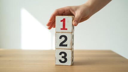 Building a Sequence: Hand Stacking Numbered Wooden Blocks 1, 2, 3 on Table