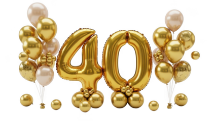 Golden balloons and number 40 isolated on transparent background