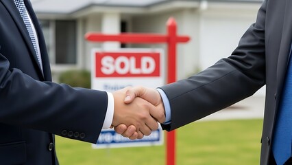 Two businessmen shaking hands with sold sign in background closing real estate deal