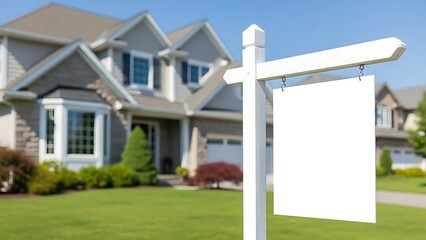 White for sale sign post in front of blurred suburban house with green lawn