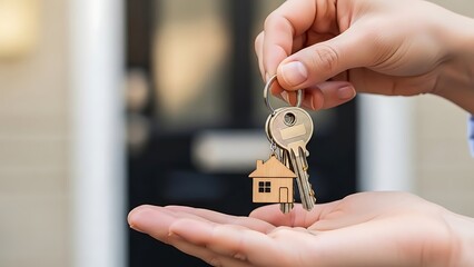 Handing over house keys with home charm, symbolizing property ownership and real estate purchase