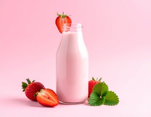 Strawberry milk in glass bottle, pastel pink background, minimalist style
