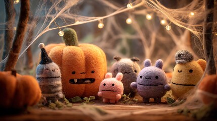 Whimsical Halloween scene featuring felt characters and pumpkins, illuminated by fairy lights