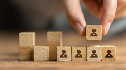 A hand places a block with a person icon, illustrating career, growth, and teamwork
