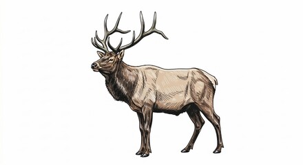 Hand drawn elk with large antlers isolated on white background