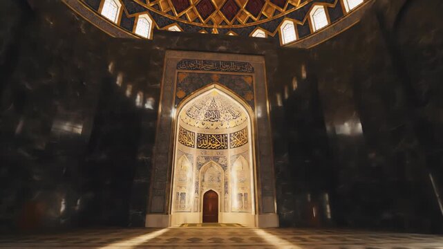 Sunlight streams into a vast mosque interior, highlighting a richly adorned mihrab and a golden geometric dome with patterned light.