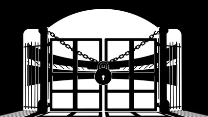 A large metal gate with a padlock and chain is closed and secured in a black and white illustration with locked gate and security and protection