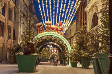 New Year's Moscow, festive New Year's Moscow, festive decorations on Kuznetsky Most street, early in the morning.  Festival Winter in Moscow. Moscow, Russia