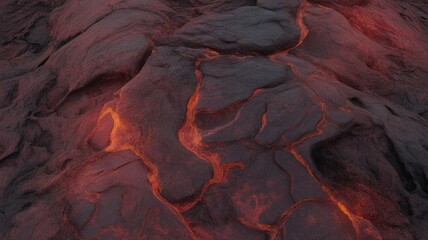 Aerial view of molten lava flowing across a rugged volcanic landscape