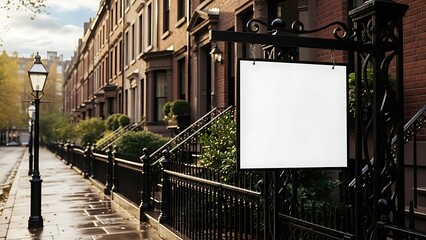 Blank white real estate sign hanging outside traditional brick row houses on street