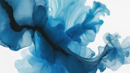 A vibrant blue abstract painting with fluid shapes and colors on a white background