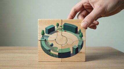 Building Sustainable Communities: Hand Completing Circular Green City Puzzle