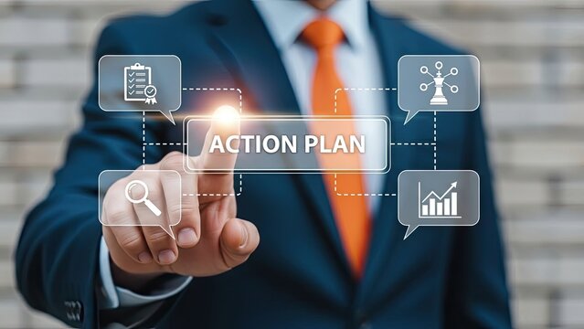Businessman in suit interacting with action plan digital interface - Powered by Adobe