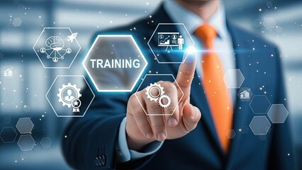 Businessman interacting with virtual training interface in modern office