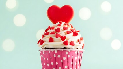 Delicious vanilla cupcake topped with red heart candy and sprinkles against soft bokeh background