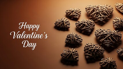 Rustic woven heart ornaments scattered across a rich brown background celebrating valentines day