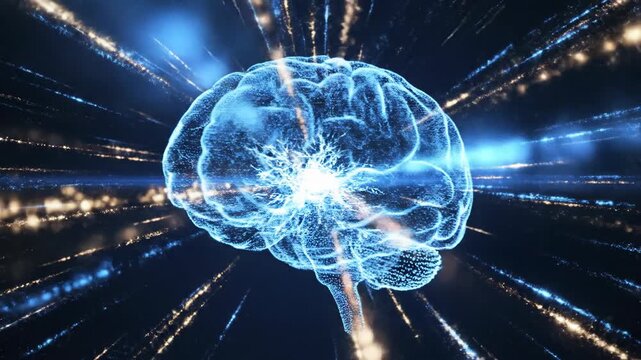 Abstract illustration of glowing brain with energy lines in a dark space
