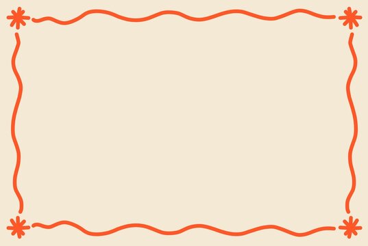 Hand drawn orange wavy line border with decorative corner stars on beige background, minimalist groovy fun frame for social media, invitations, and creative graphic design templates
