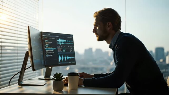 Man edits audio on computer monitor showing waveform at desk. Audio engineer works with sound editing software. Man at computer edits audio file. Professional editing audio waveform at office.