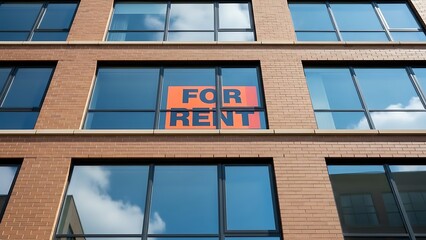 For rent sign displayed in window of modern brick apartment building for residential housing