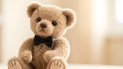 Fototapeta premium Adorable fluffy light brown teddy bear wearing a small black bow tie sitting patiently in a softly lit indoor setting looking forward