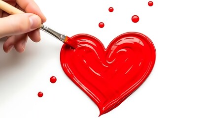 Artist hand carefully painting a vibrant glossy red heart shape using a fine brush