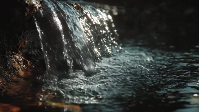 4K Closeup of water flowing over dark rocks with glistening highlights, creating a serene and tranquil natural cascade video