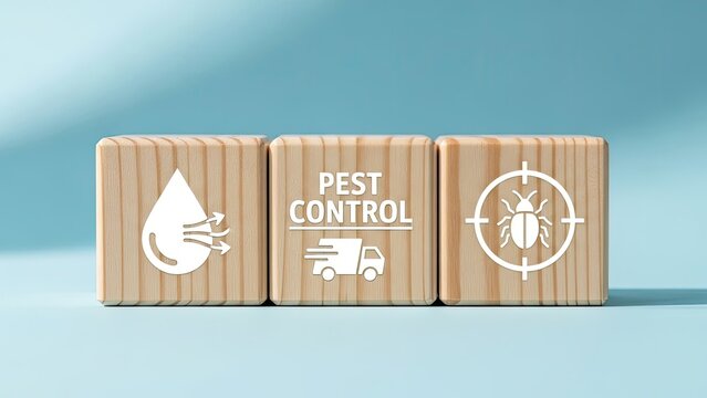 Pest control services concept with wooden blocks and icons