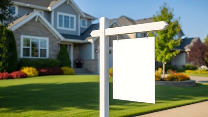 A blank for sale sign stands in front of a modern suburban house on a sunny day