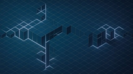 A futuristic 3D graphic design with glowing blue lines and cubes on a dark background