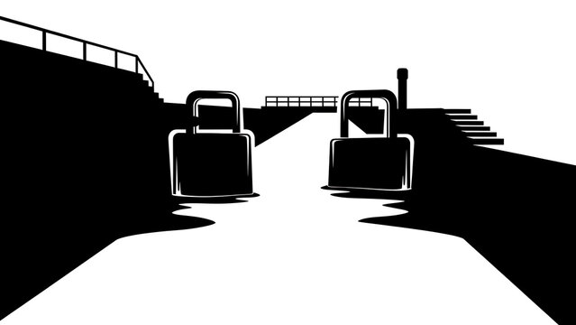 Black and white illustration of two suitcases on a path between stairs with a minimalist background with travel and luggage and journey and graphic design - Powered by Adobe