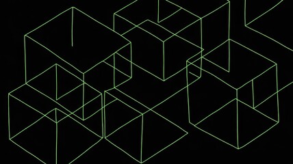 A digital illustration of green wireframe cubes on a black background
