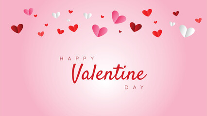 Happy Valentine's Day greeting banner with flying 3D paper cut hearts on pink background. Minimalist romantic header featuring playful red and white paper hearts with elegant typography