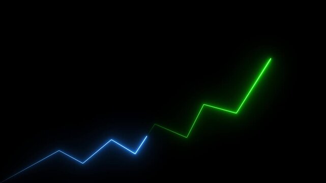 Glowing neon Market Recovery Concept. Successful growth trend line graph going Up.Abstract neon line arrow down business graph
