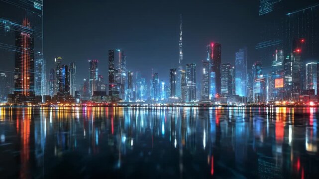4K Futuristic smart city skyline at night with digital overlay and water reflection, modern metropolis landscape video