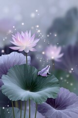 a cute little frog sitting on the lotus leaf, surround by glowing light, lotus and flowing musical note