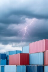 stacked shipping containers with a dark, stormy sky and lightning, a cargo transport concept