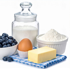 Blueberry Muffin ingredients isolated on white background. Blueberries, sugar, flour, butter, egg and muffin cups