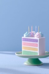 an open multi layer birthday cake with rainbow colored layers and candles on top, sitting alone on a small green pedestal against a blue background
