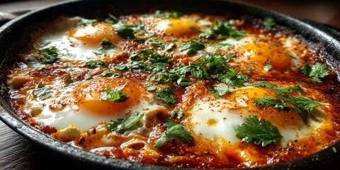 eggs in tomato sauce with coriander and cumin sprinkled on top
