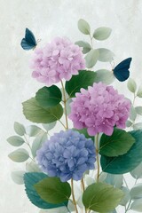 watercolor pastel blue, pink, and green hydrangea flowers pattern with butterflies, on a vintage paper background.