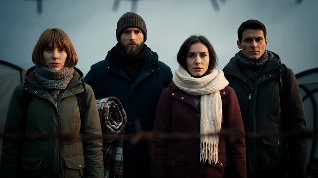 Four refugees stand behind barbed wire fence at camp. People in winter coat face wire barrier. Refugee group behind fence at camp. Migrants stand near barbed wire wearing scarf and coat.