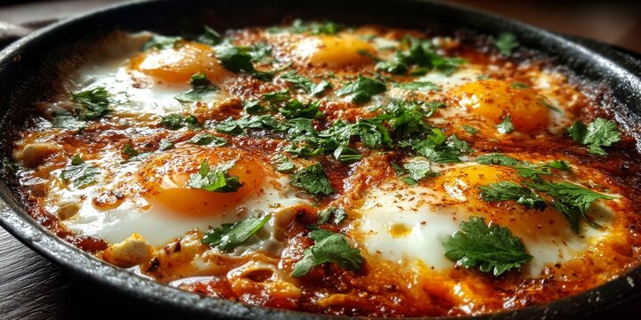 eggs in tomato sauce with coriander and cumin sprinkled on top