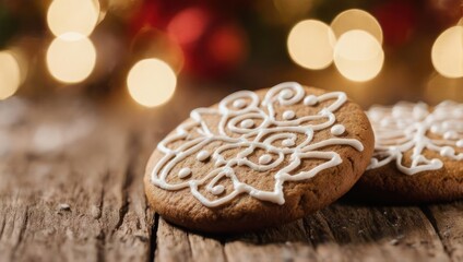 Close-up of frosted gingerbread cookies, with festive background lights on weathered wooden surface
