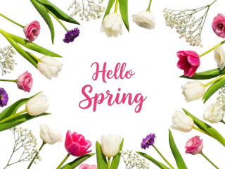 Colorful floral arrangement with hello spring text on transparent background for seasonal greeting